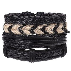 Men’s Black & Natural Braided Bracelet Set – 4 Pcs